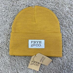 Frye And Co Knit‎ Hat Unisex OS Cuff Logo Patch Beanie Gold Winter Modern NWT